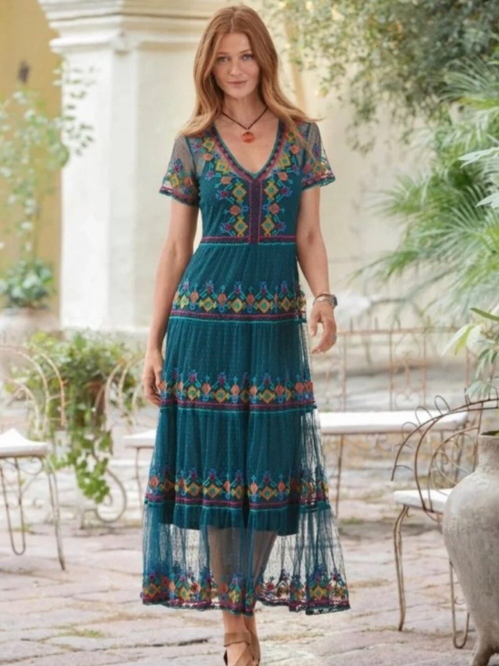 Sundance ALIZE Dress sz P XL Teal Fully Embroidered Boho Ruffled Tiered Maxi